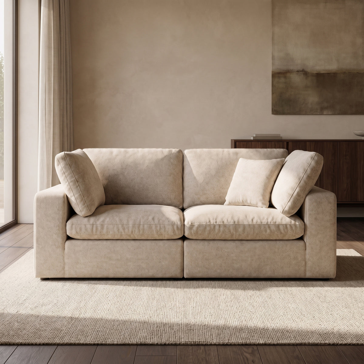 Linara 2 Piece Feather Modular Sofa — main lifestyle view in a warm stone and walnut living room