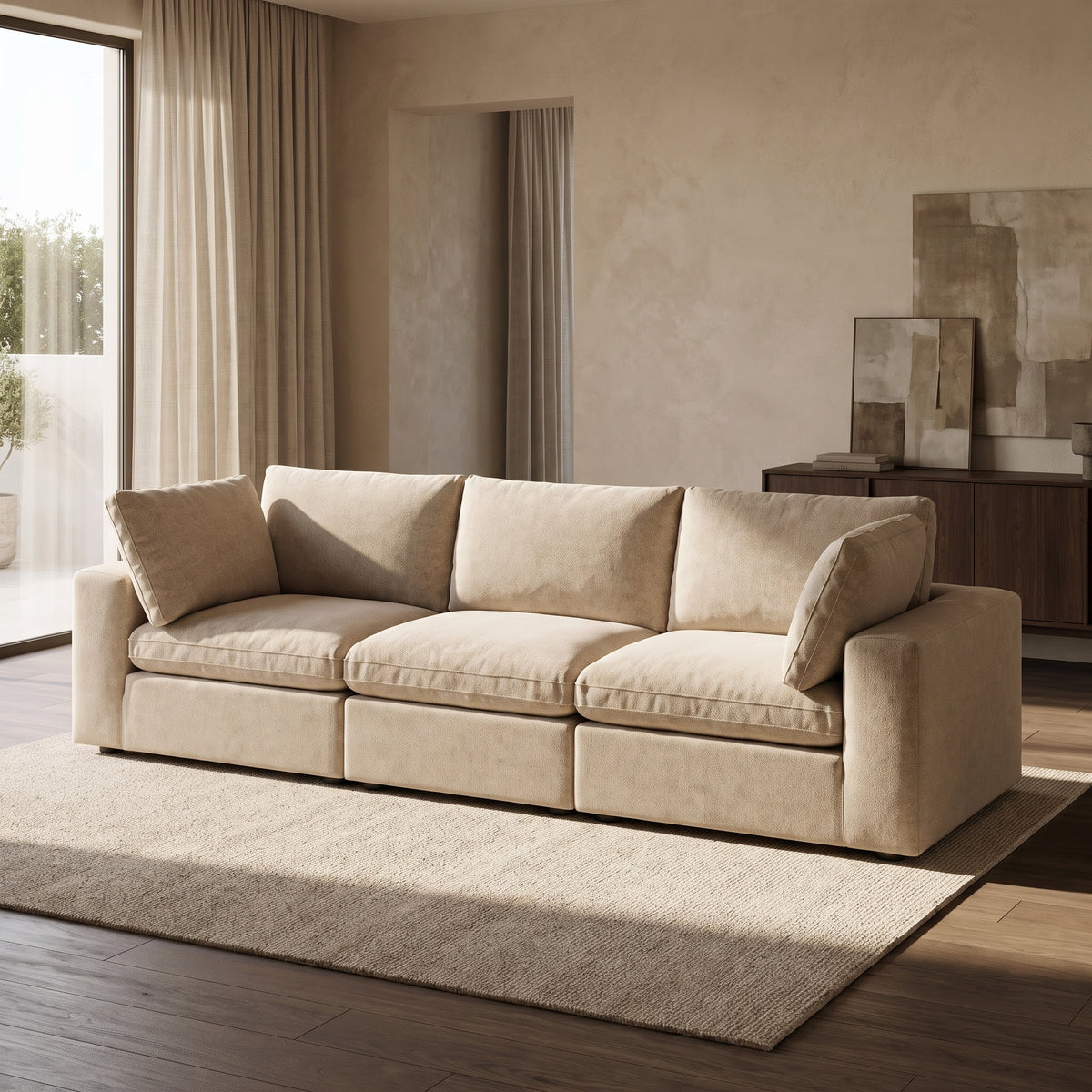 Linara 3 Piece Feather Modular Sofa — main lifestyle view in a warm stone and walnut living room