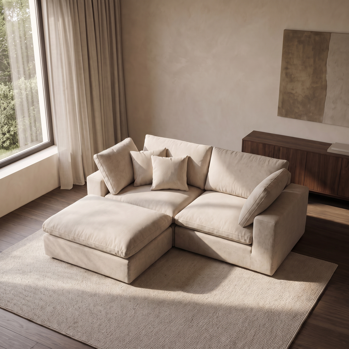 Linara Feather Modular Chaise Sofa — elevated camera view in a warm stone and walnut living room