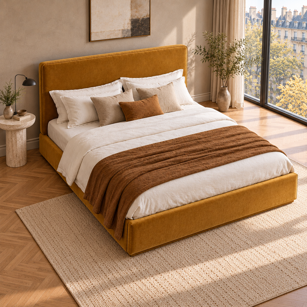 CK Living Linwood upholstered bed in warm ochre velvet — elevated lifestyle view