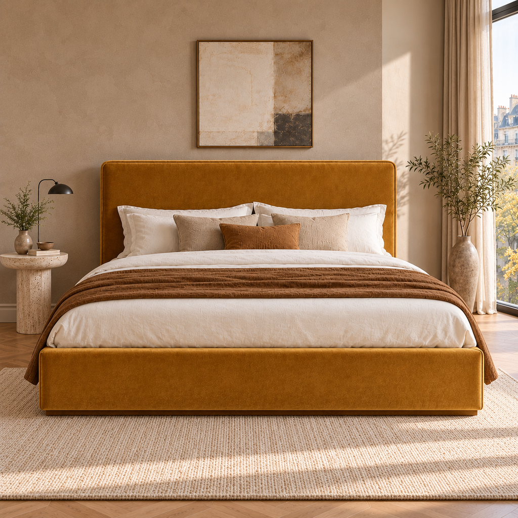 CK Living Linwood upholstered bed in warm ochre velvet — front lifestyle view