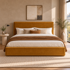 CK Living Linwood upholstered bed in warm ochre velvet — front lifestyle view