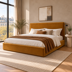 CK Living Linwood upholstered bed in warm ochre velvet — opposite angle lifestyle view