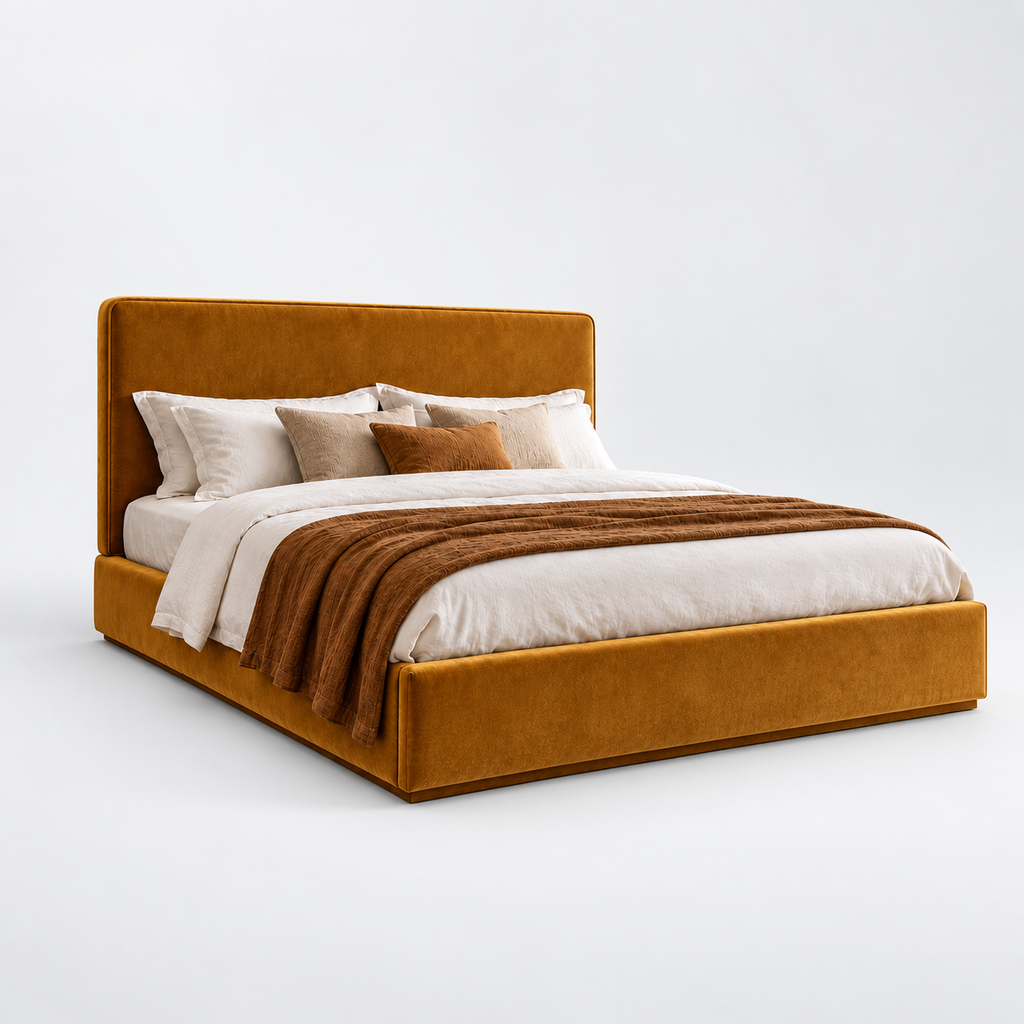 CK Living Linwood upholstered bed in warm ochre velvet — plain cold-white grey background