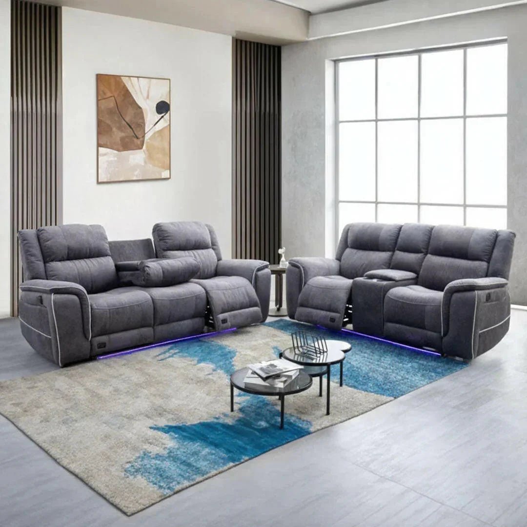 Grey microfibre electric recliner sofa set with LED lighting in modern living room