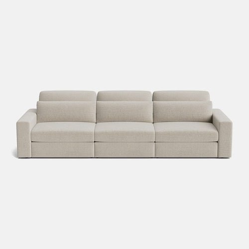 Modern modular 4-piece corner sofa in light beige fabric, low profile, minimalist design