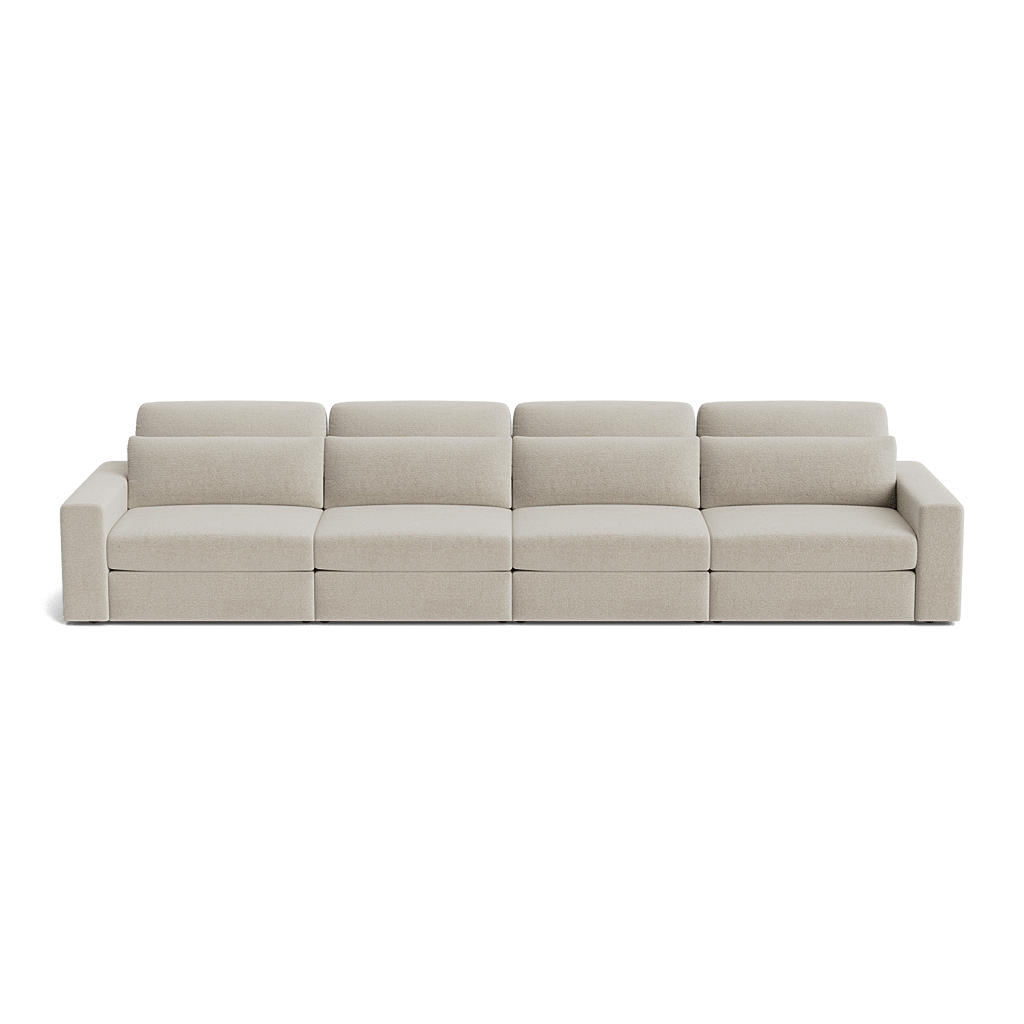 Beige 4-piece modular corner sofa with modern, boxy design and plush cushions