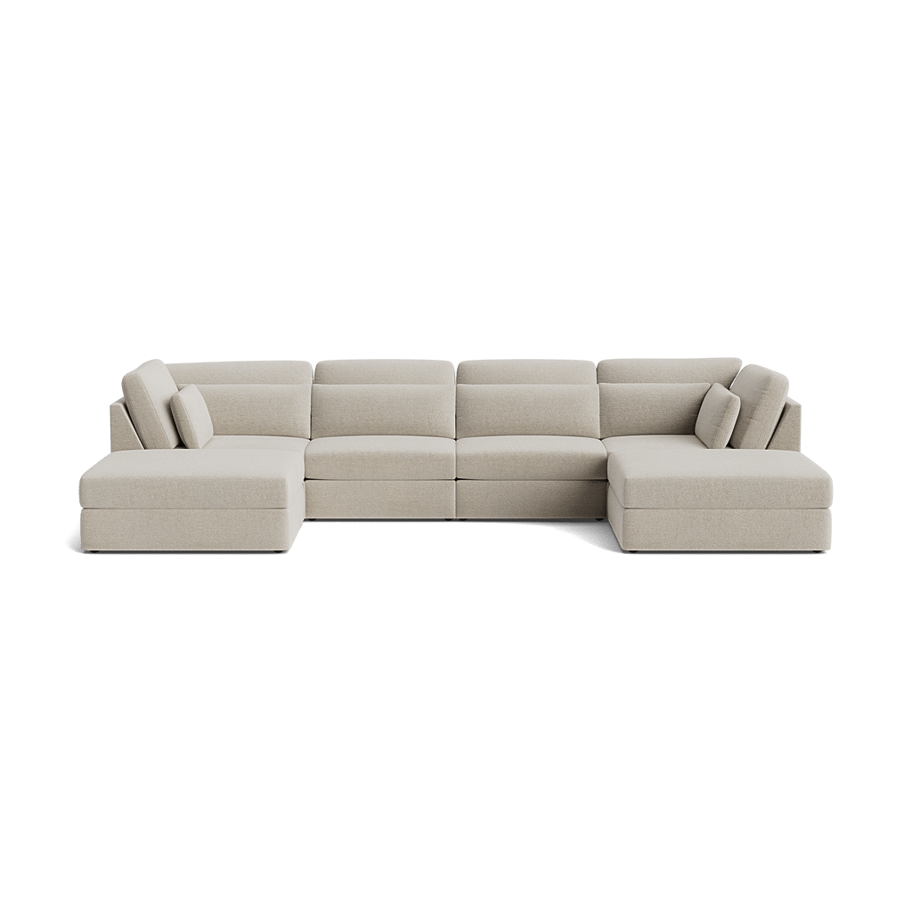 Four-piece beige modular corner sofa with chaise lounges and padded backrests