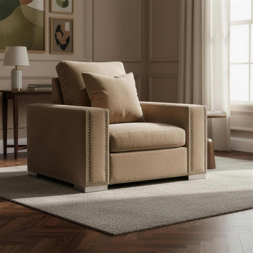 Aria Armchair in Champagne Mink — complete product in a warm townhouse living room