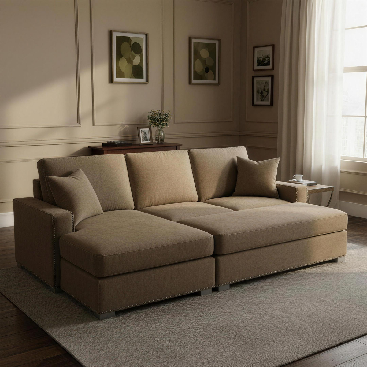 Aria Corner Sofa Bed Bundle in Champagne Mink in a softly lit townhouse living room