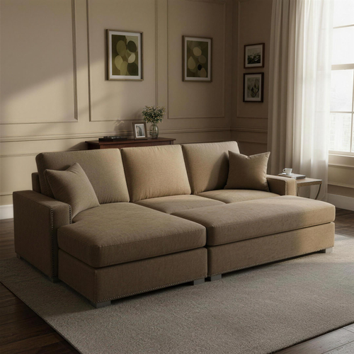 Aria Corner Sofa Bed Bundle in Champagne Mink in a softly lit townhouse living room