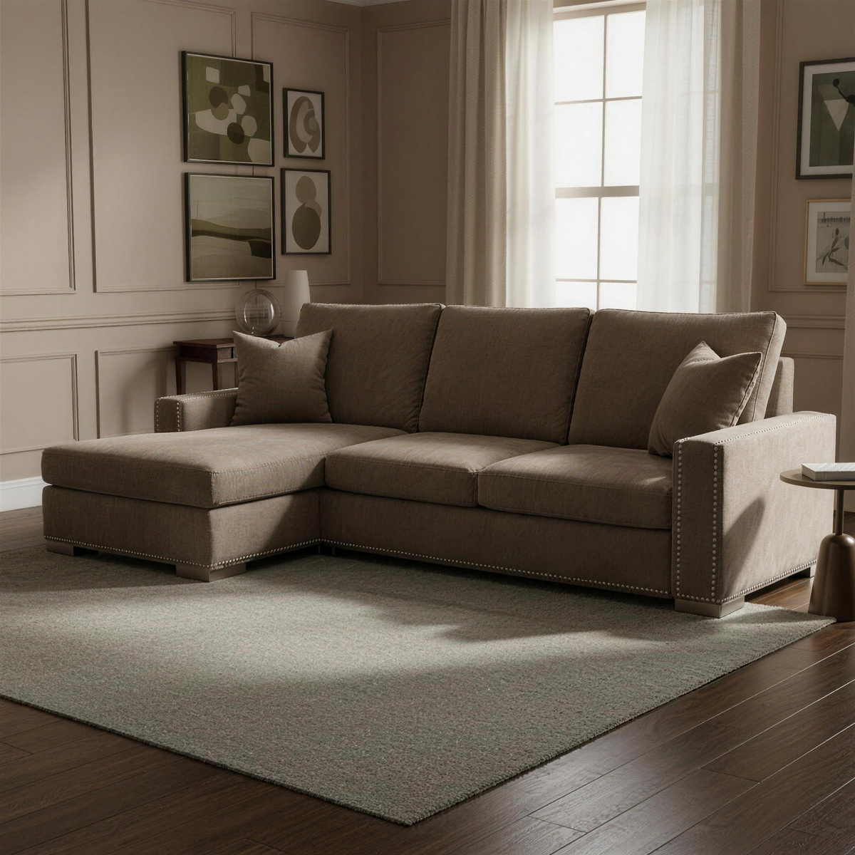 Aria Corner Sofa in Champagne Mink — complete product in a warm townhouse living room