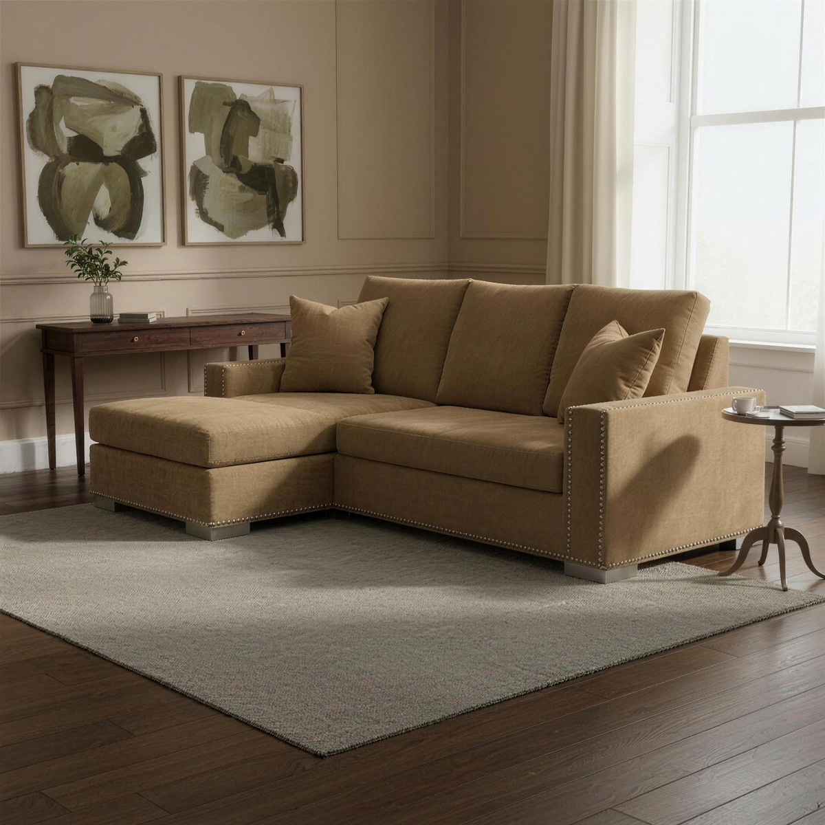 Aria Small Corner Sofa in Champagne Mink in a softly lit townhouse living room