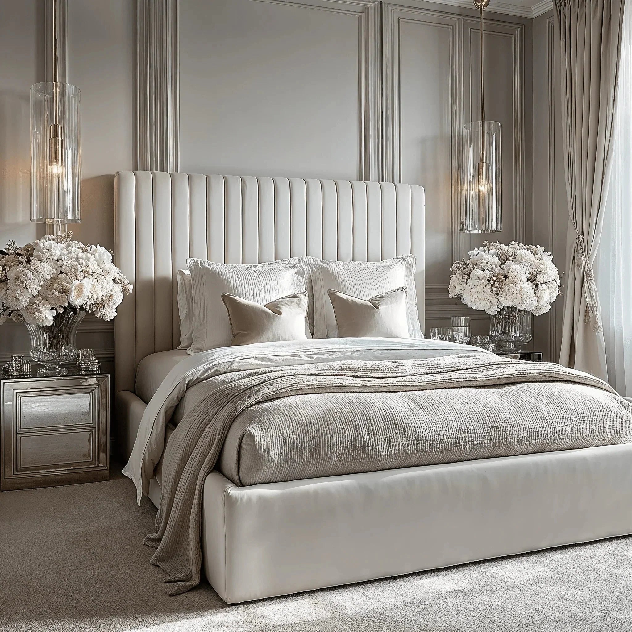 Cream upholstered panelled bed in a modern luxury bedroom with plush bedding and floral decor
