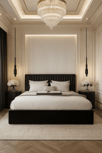 Cream upholstered ottoman panelled bed in a modern luxury bedroom with elegant lighting