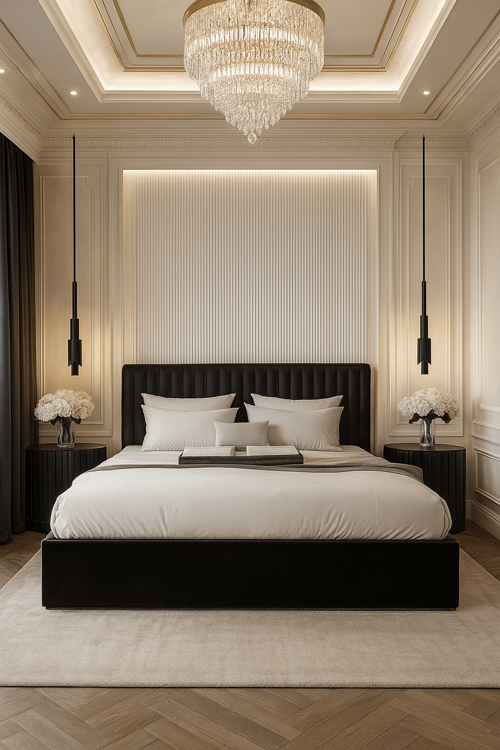 Cream upholstered ottoman panelled bed in a modern luxury bedroom with elegant lighting