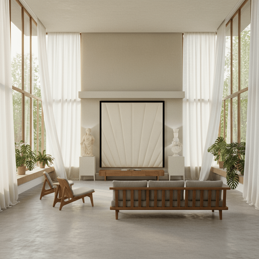 Luxury modern living room with large sunrise wall-mounted headboard, sofa, and sculptural decor
