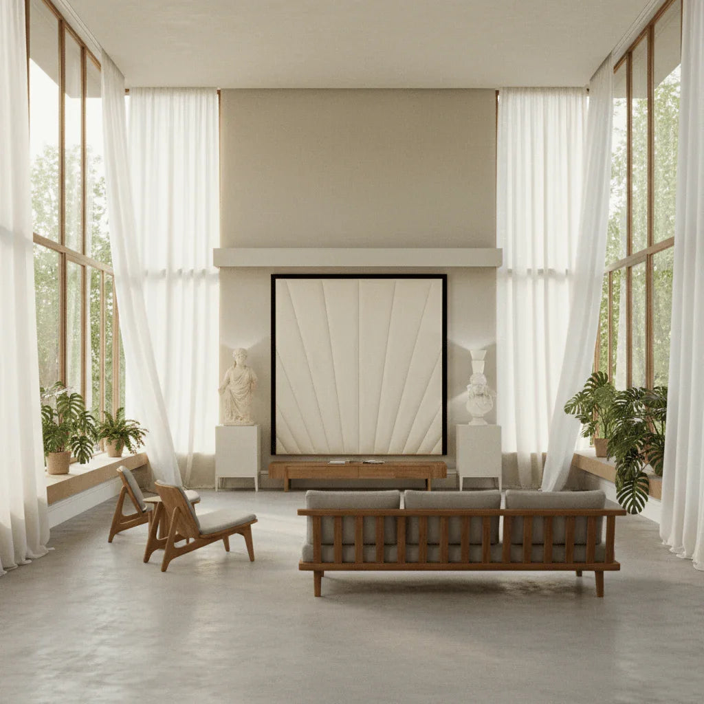 Modern living room with wooden sofa, large windows, sheer curtains, and minimalist decor