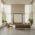 Modern living room with wooden sofa, large windows, sheer curtains, and minimalist decor
