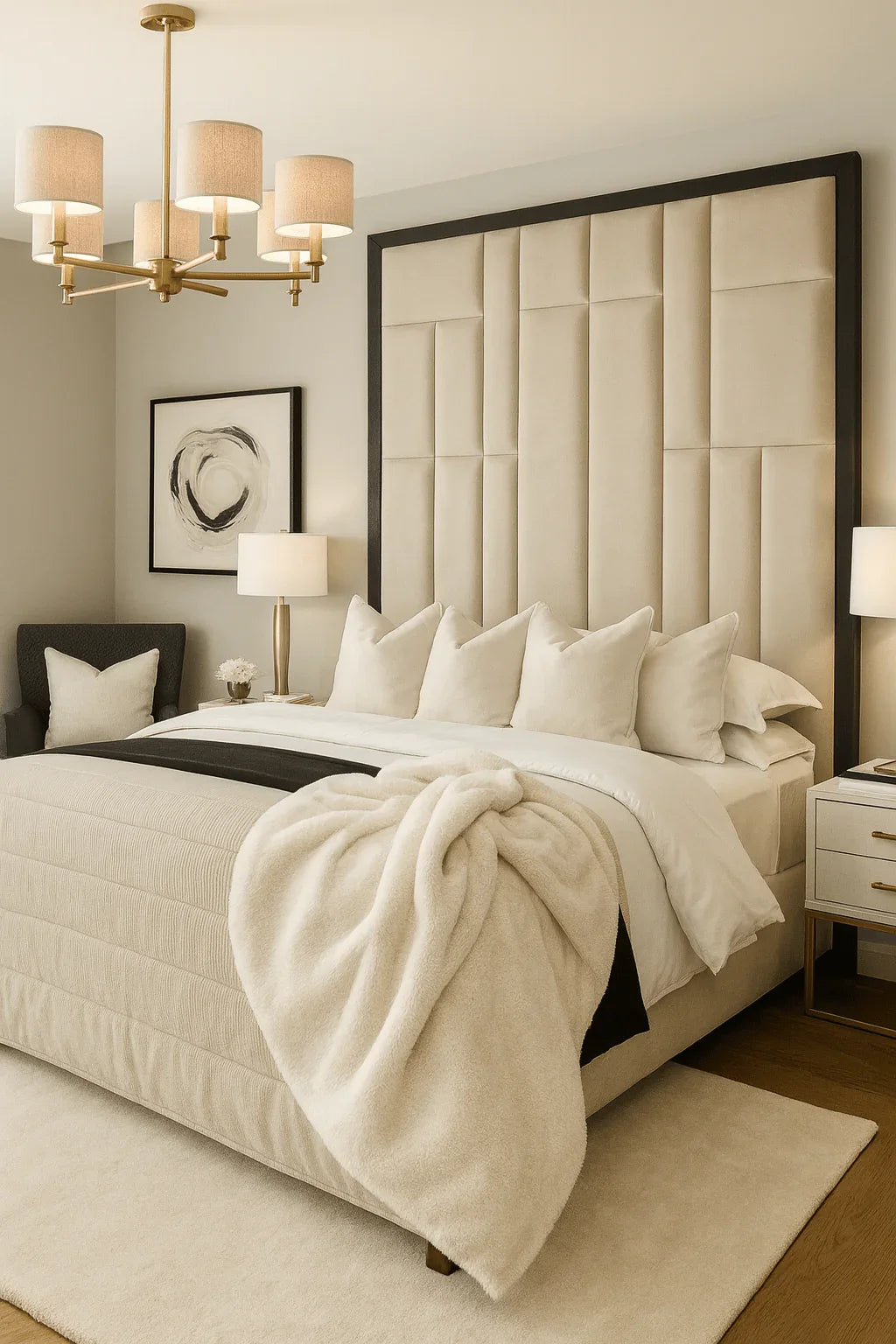 Modern double bed with tall upholstered wall-mounted headboard in neutral bedroom decor