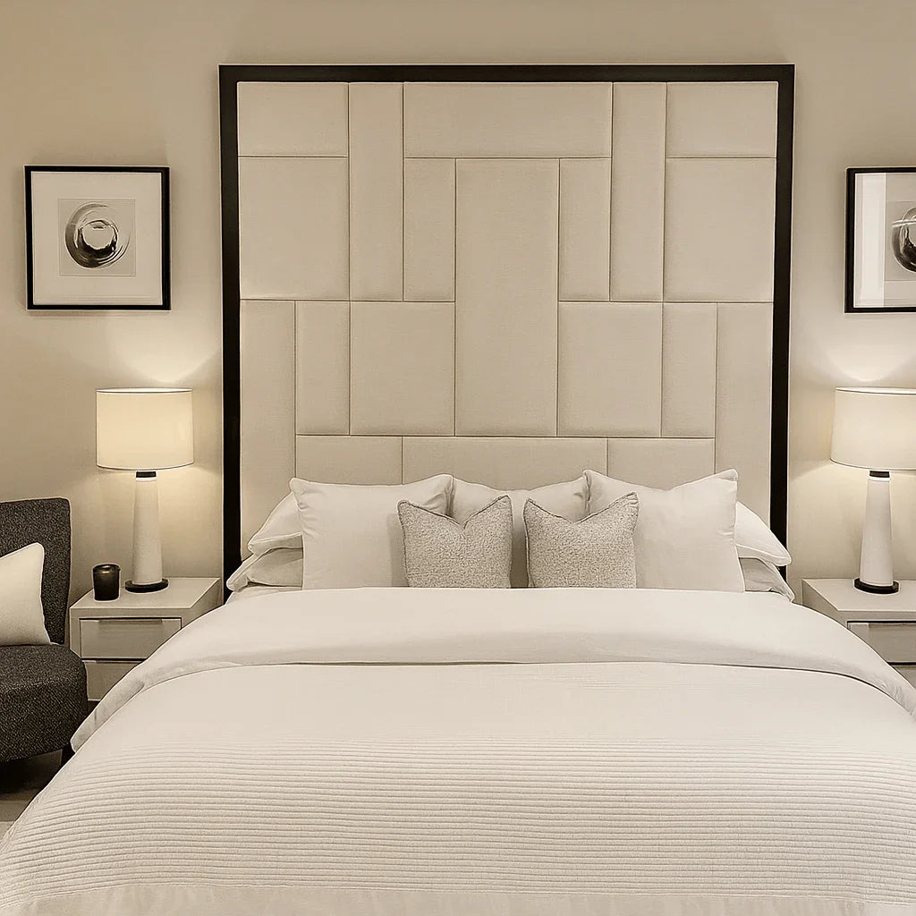 Modern double bed with large wall-mounted upholstered headboard, neutral bedding, lamps