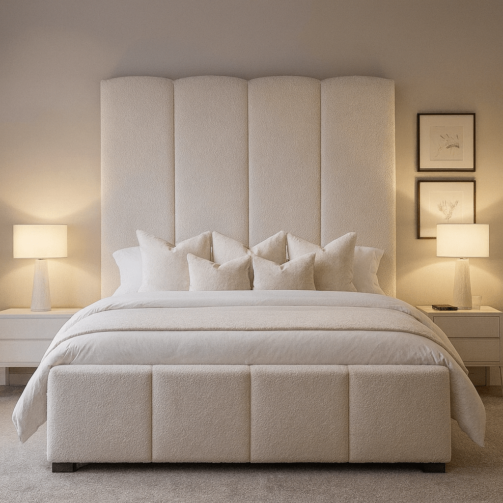Cream boucle panelled double bed with tall headboard, plush bedding, and bedside tables