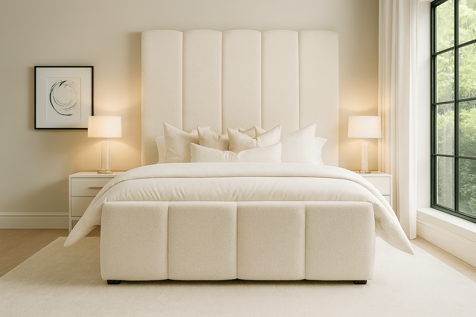 Cream boucle panelled double bed with tall headboard in a modern, light bedroom setting