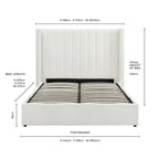 White boucle ottoman storage bed with tall headboard, footboard, and dimensions labeled.