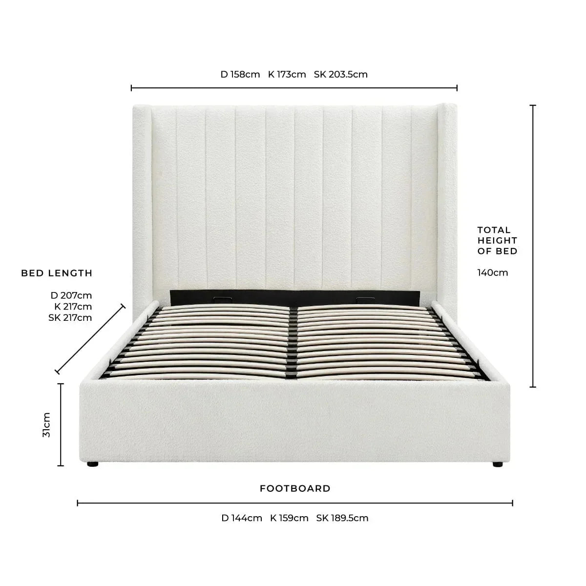 White boucle ottoman storage bed with tall headboard, footboard, and dimensions labeled.