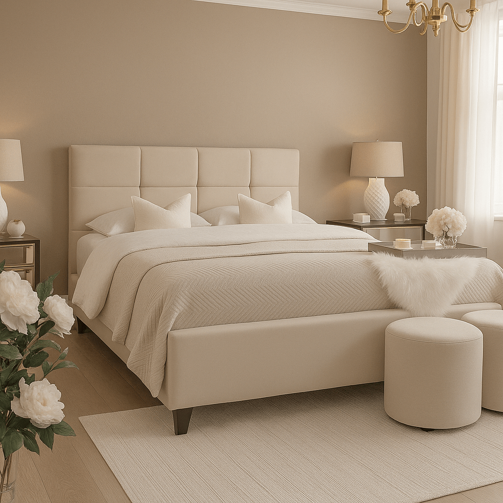Vanilla velvet upholstered bed with tufted headboard in a modern beige bedroom setting