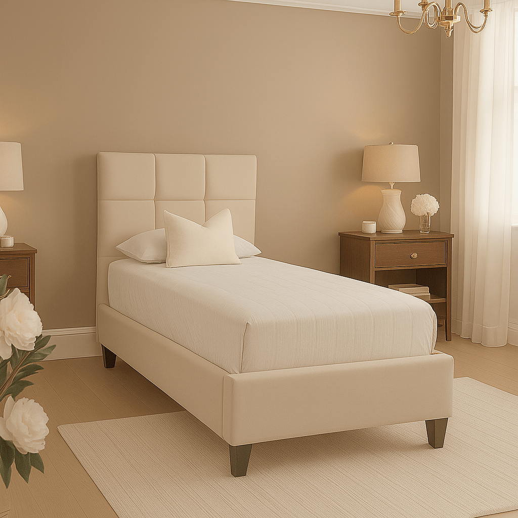 Single vanilla velvet upholstered bed with cushioned headboard in a modern bedroom