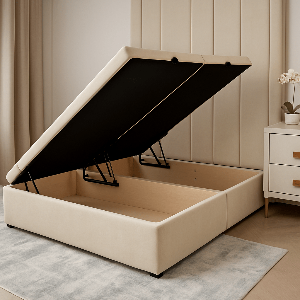 Cream velvet ottoman divan double bed base with side-opening storage in modern bedroom