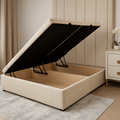 Cream velvet ottoman divan double bed base with side-opening storage in modern bedroom