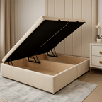Cream velvet ottoman divan double bed base with side-opening storage in modern bedroom