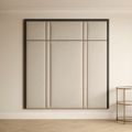 Double bed headboard in piped velvet with geometric panels and a black trim, modern bedroom