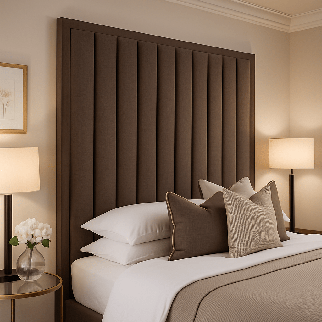 Double bed with bronze premium channelled headboard, neutral bedding, and bedside lamps
