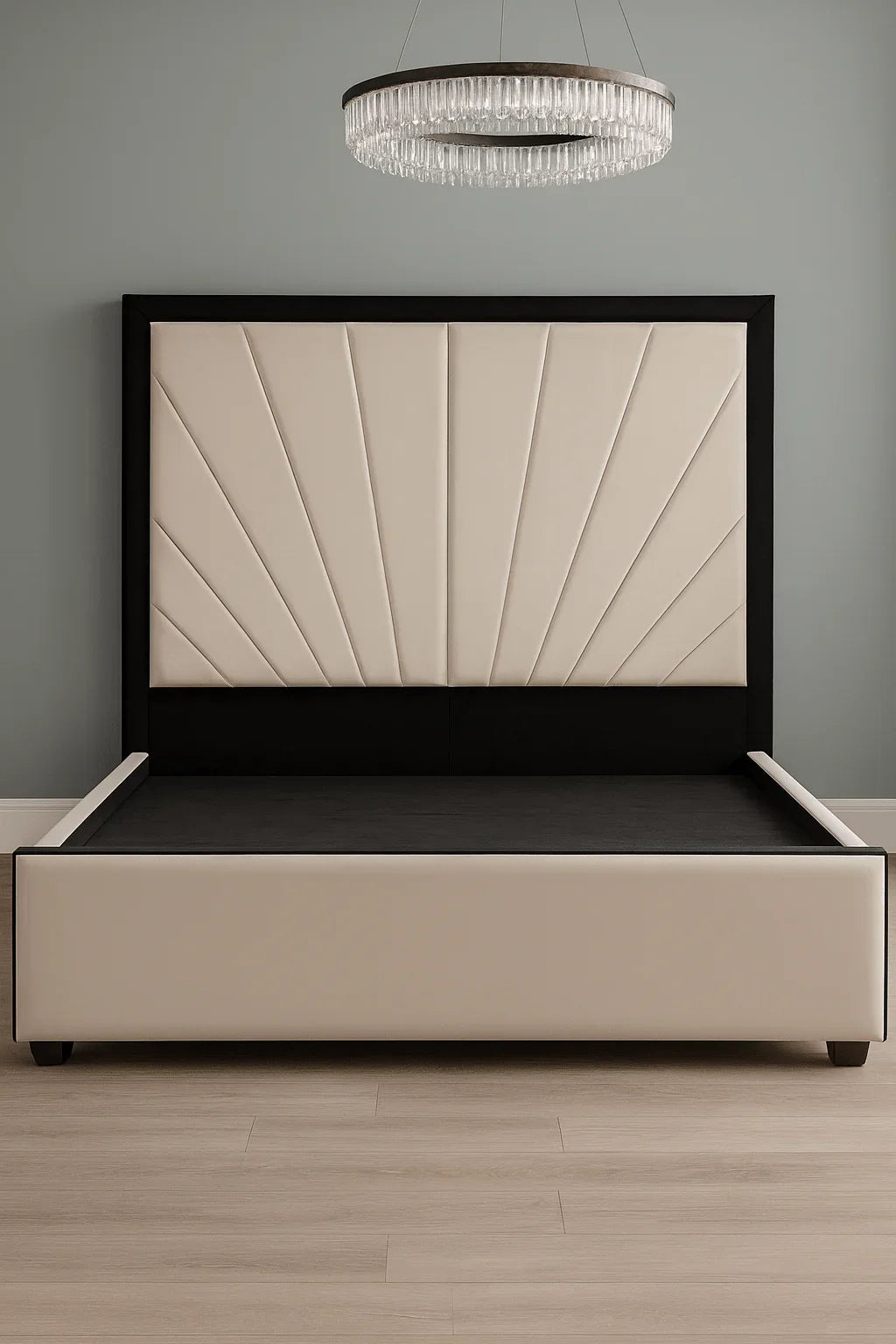 Luxury modern bed frame with cream tufted headboard and black frame, ideal for contemporary bedrooms.