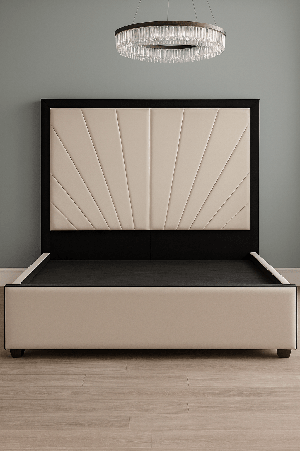Modern double bed with sunburst panel headboard in beige and black, wood floor, chandelier above