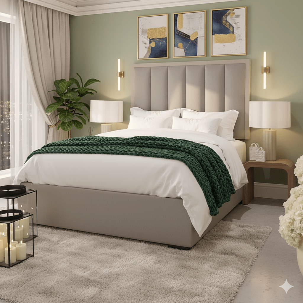 Cream velvet double bed with channelled headboard in modern bedroom, green throw, artwork above.