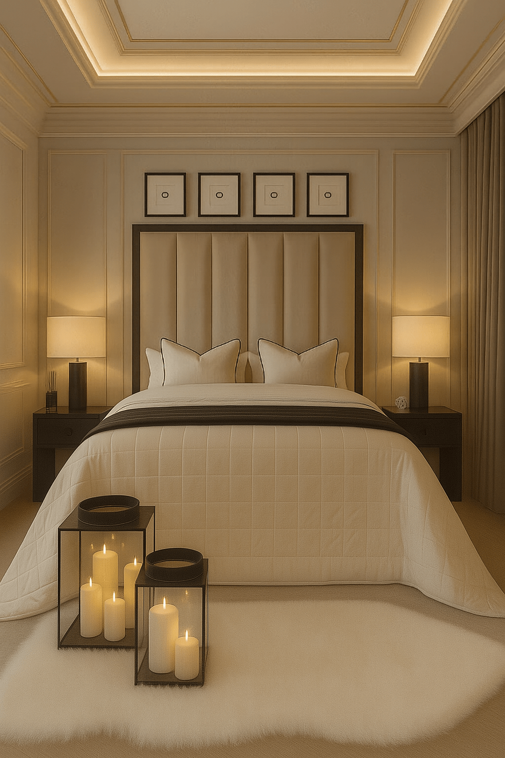 Double bed with cream velvet channelled headboard in a modern bedroom, candles at foot.
