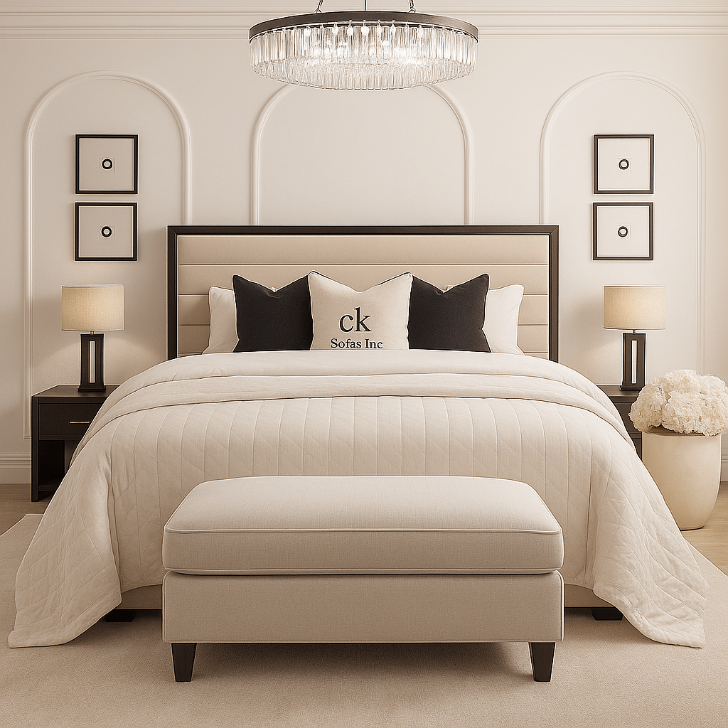 Beige panelled bed with upholstered headboard in a modern bedroom, matching bench and nightstands