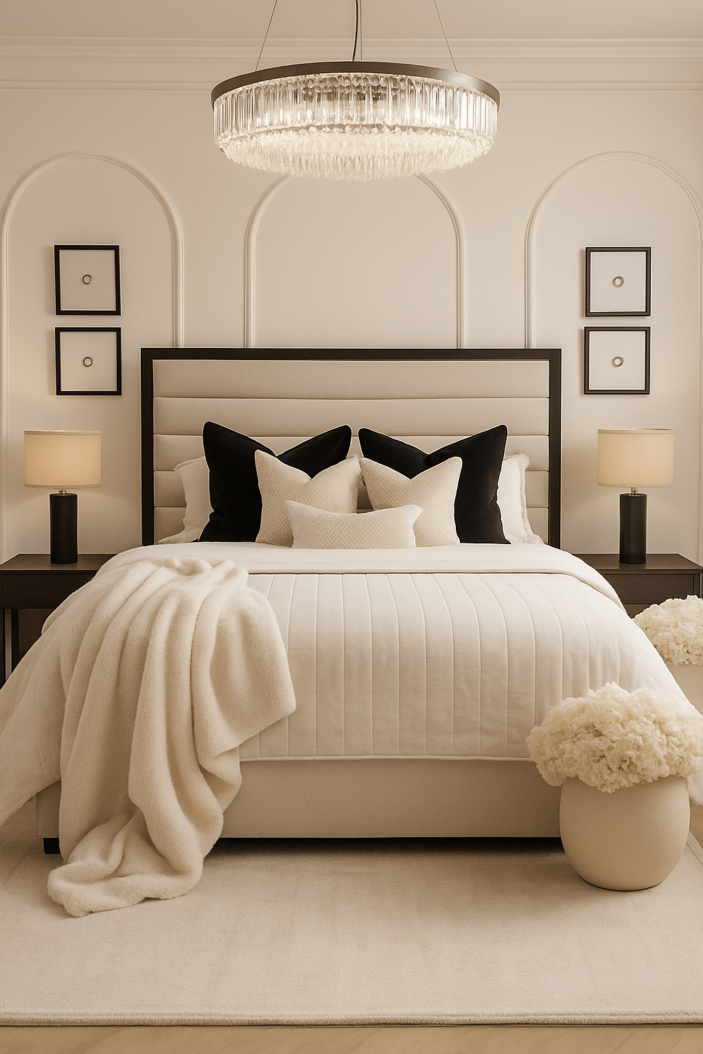 Modern cream panelled bed with black and cream pillows in a luxury styled bedroom