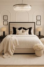Modern cream panelled bed with black and cream pillows in a luxury styled bedroom