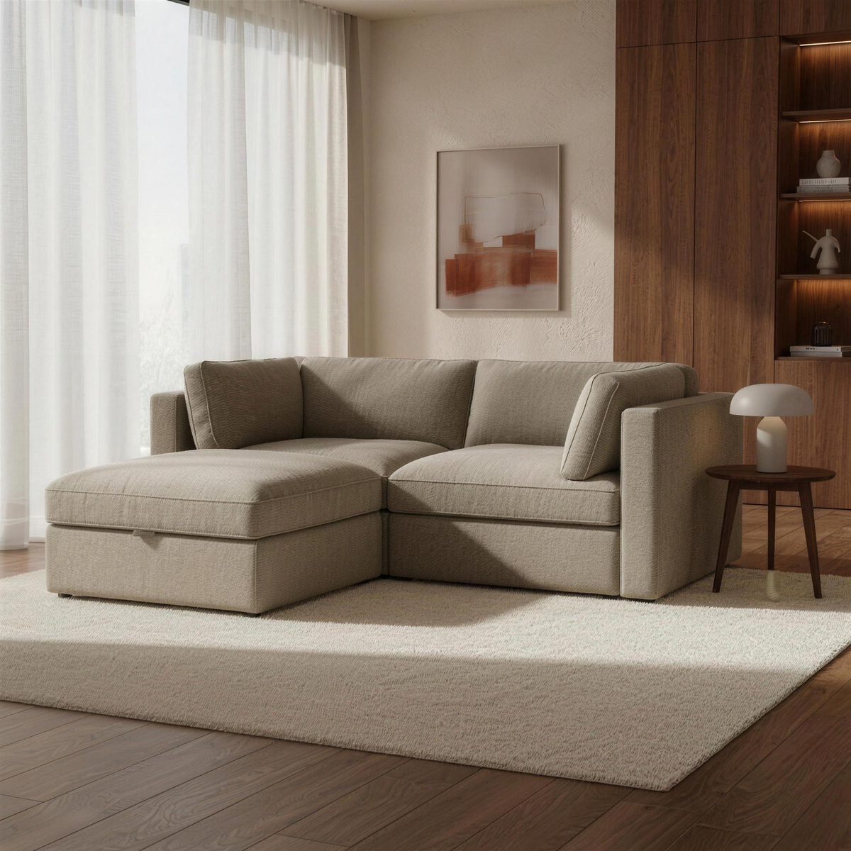 Bellano 2 Seater Sofa + Footstool in taupe chenille in a warm walnut and limestone living room