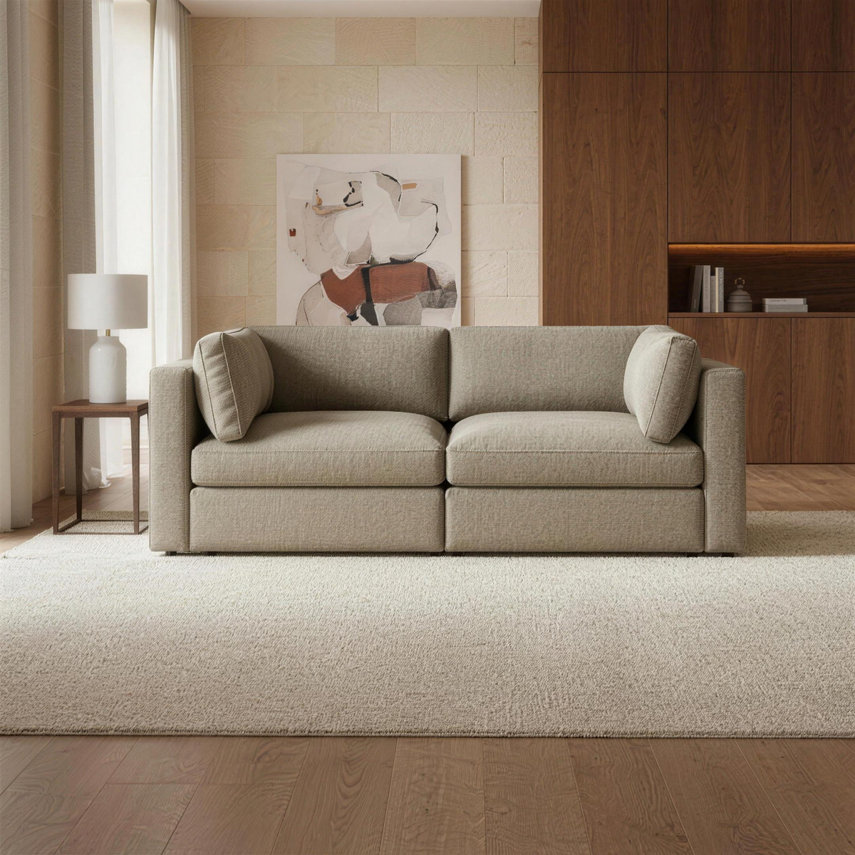Bellano 2 Seater Sofa in taupe chenille in a warm walnut and limestone living room