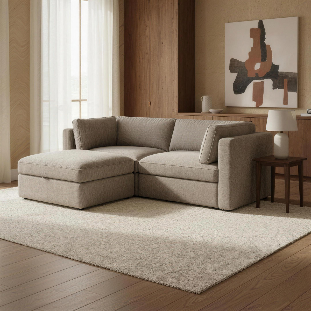 Bellano 2 Seater Sofa + Storage Ottoman in taupe chenille in a warm walnut and limestone living room