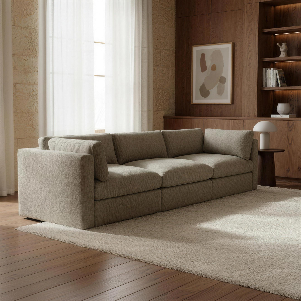 Bellano 3 Seater Sofa in taupe chenille in a warm walnut and limestone living room