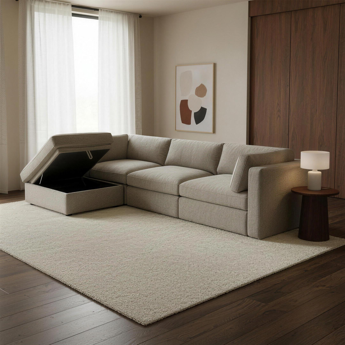 Bellano 3 Seater Sofa + Storage Ottoman in taupe chenille in a warm walnut and limestone living room