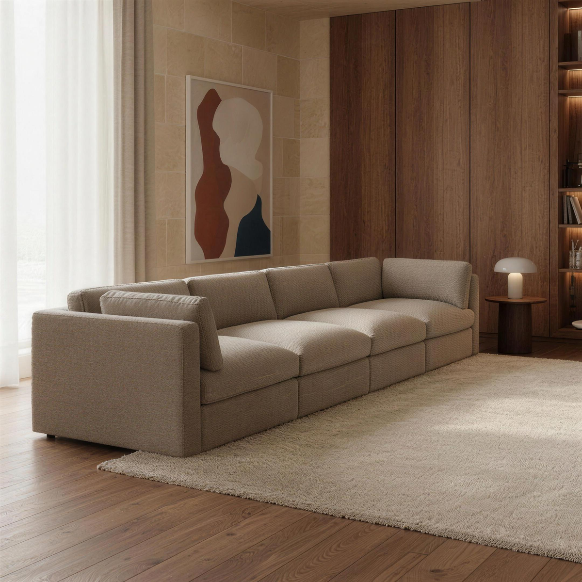 Bellano 4 Seater Sofa in taupe chenille in a warm walnut and limestone living room