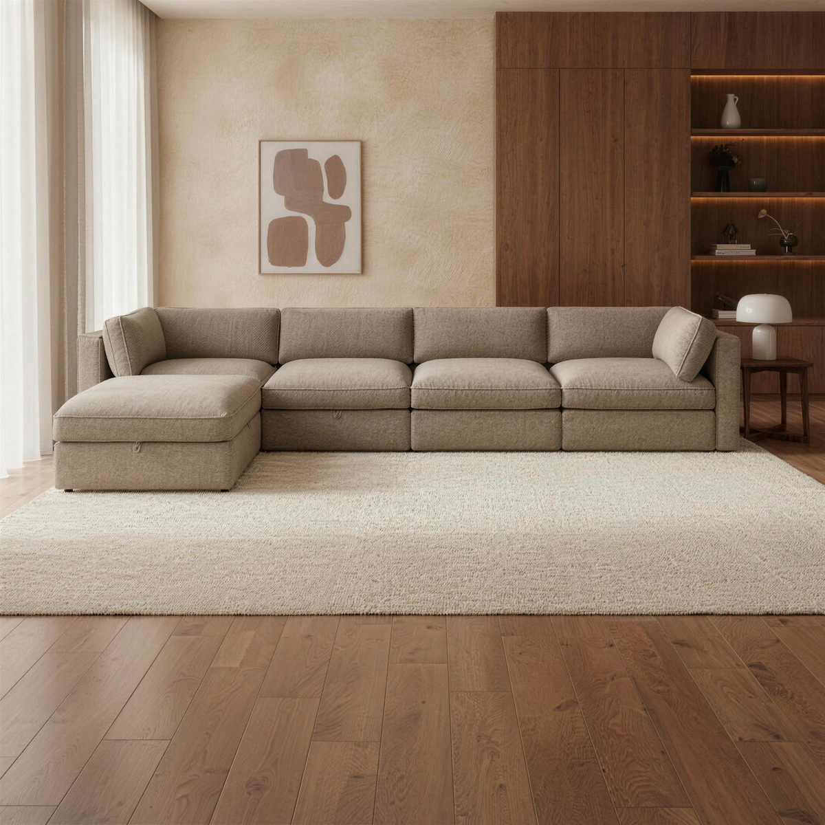Bellano 4 Seater Sofa + Storage Ottoman in taupe chenille in a warm walnut and limestone living room